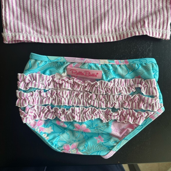 Ruffle Butts Pink Seersucker Rashguard and Tropical bottoms swim set - Picture 3 of 5
